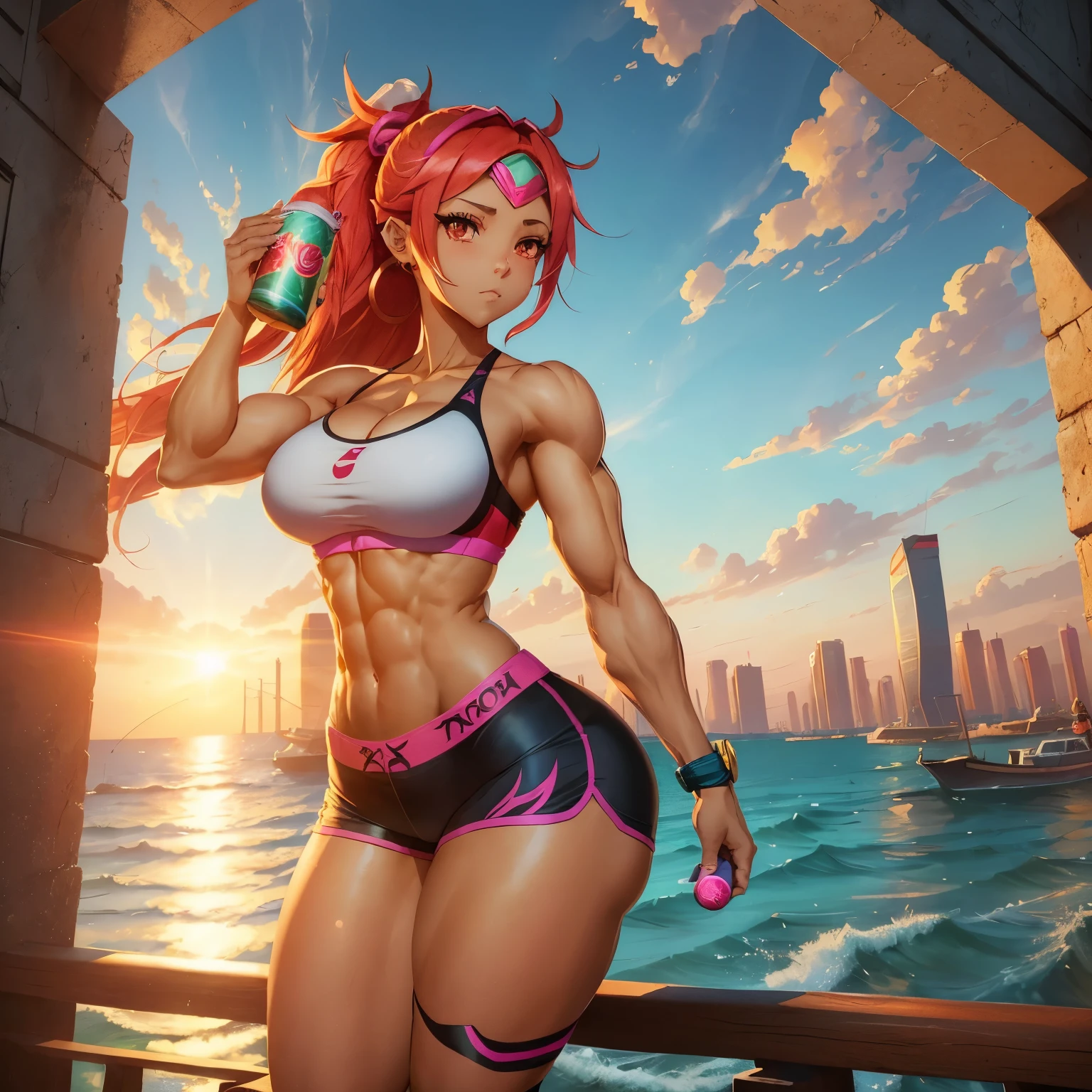 Picture a vibrant and energetic scene of a Monster Girl from anime, holding an energy drink can in her hand. She is adorned with intricate details and sharp features, her body built with firm muscles and toned curves. Her skin is a healthy glow, illuminated by the radiant sun peeking over the horizon. Her long, disheed hair flows behind her, catching the rising sunlight.
Her outfit is a combination of athletic wear and anime-style elements. She wears a tight sports bra that accentuates her cleavage and firm upper body. Her stretch shorts cling to her curvy hips and thighs, highlighting her powerful and resilient legs. Her arms are