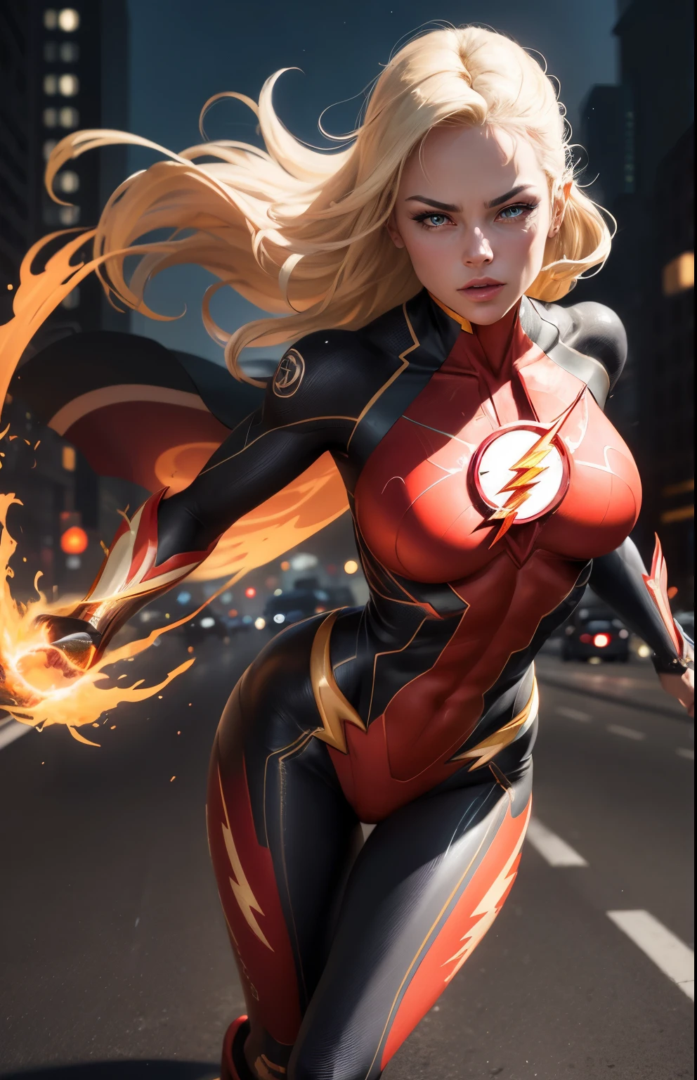 ((Flash woman)) , blonde , medium hips, (( ultra realistic )), TM Ninja white,Icons, vibrant colors, vector style, digital art, 4k, intricate details, Mesmerizing, professionally made, Beautiful vector Illustration, 12k resolution, ..3d, all characters full-length detailed, ((highly detailed)), ((vibrant)),((Ultra high quality)), ((hyperrealism)), ((photorealism)), [ octan render], in the city, many cars (realistic)