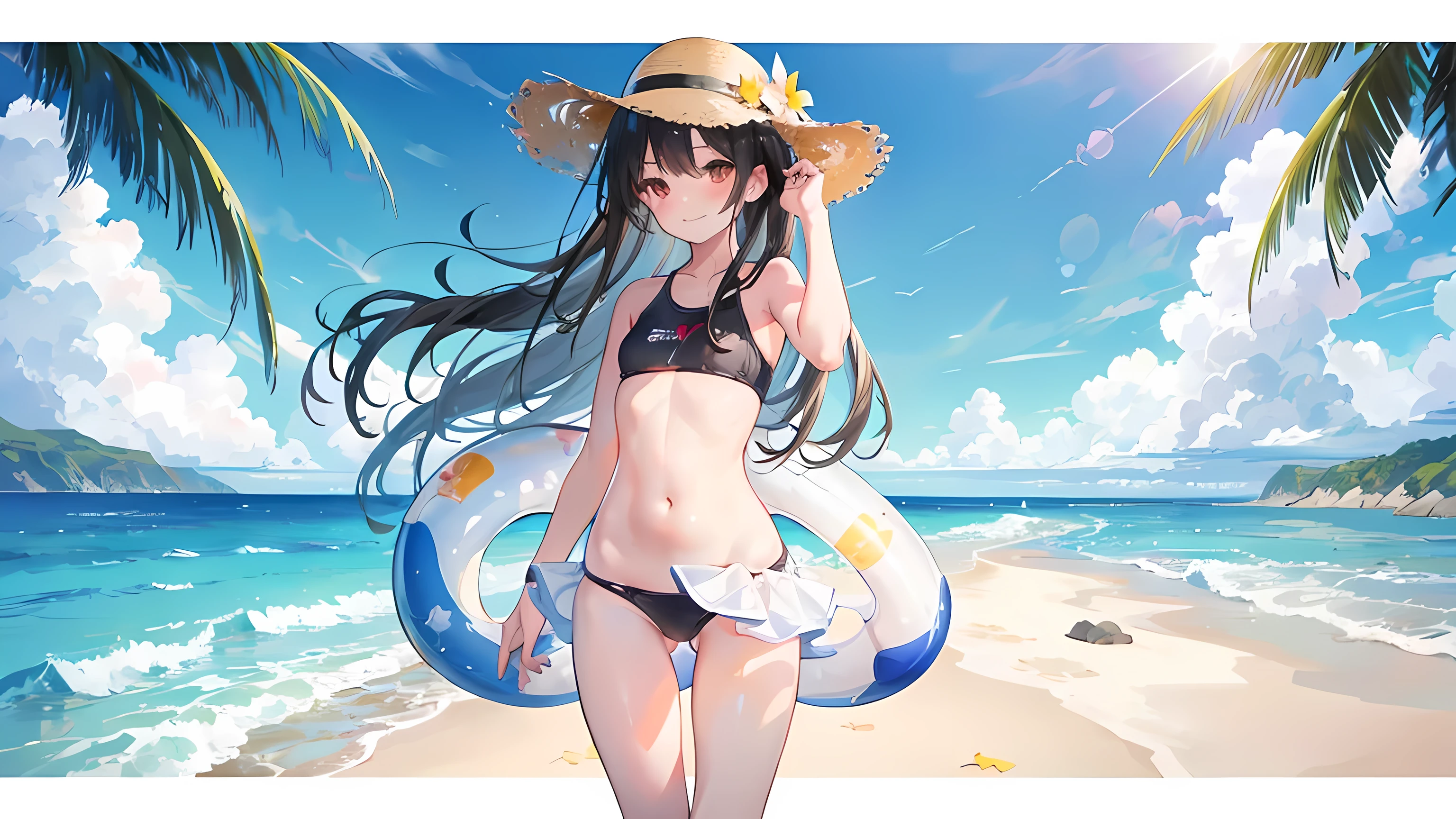 anime girl standing on the beach, ocean on the background, beautiful sunlight, beautiful sky, cloudless, wind, (1girl), long black hair, brown eyes, small breasts, belly button, wearing a black swimsuit, sun hat, smile, blushing, expressive eyes, amazing scenery, masterpiece, high res, 8k