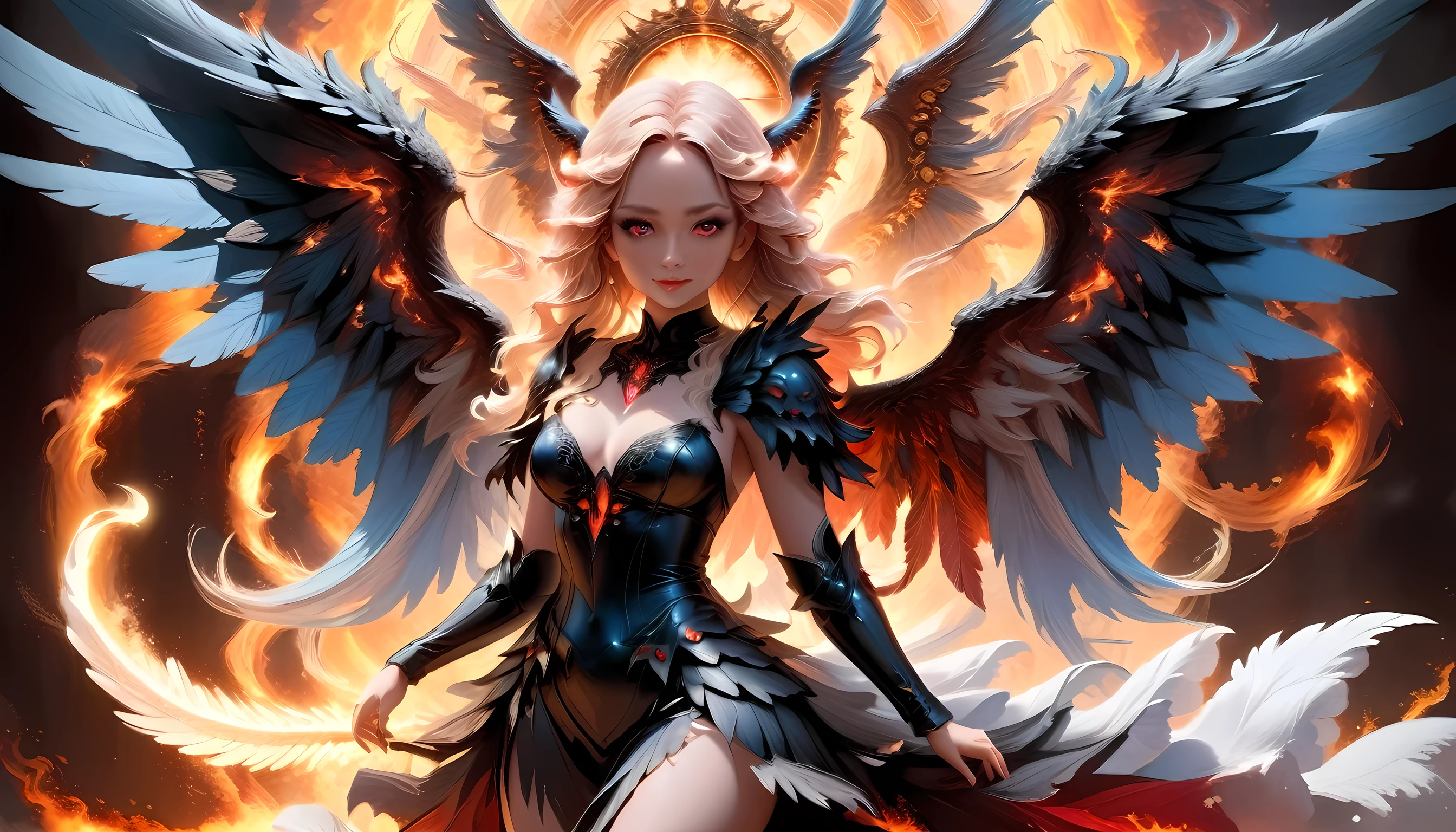 fantasy art, RPG art, a picture of 2 women, a female angel (Masterpiece, intricate details: 1.5), wearing dress, pale skin, best details beautiful face (Masterpiece, intricate details: 1.3 ), blond hair, long hair wavy hair (Masterpiece, intricate details: 1.3), blue eyes, high heeled boots, wearing a dress (Masterpiece, intricate details: 1.3), large feathered wings, white angel_wings spread AND a female demon (Masterpiece, intricate details: 1.5), demon, red skin (Masterpiece, intricate details: 1.3), black flame wings spread, demonic horns (Masterpiece: 1.3), red skin (Masterpiece: 1.3), black hair, red eyes, best details beautiful face (Masterpiece, intricate details: 1.2), wearing a dress (Masterpiece, intricate details: 1.3), black high heels, in the border between heaven and hell, moon, stars, clouds, god rays, soft natural light silhouette, dynamic angle, photorealism, panoramic view (Masterpiece 1.3, intense details) , Wide-Angle, Ultra-Wide, faize