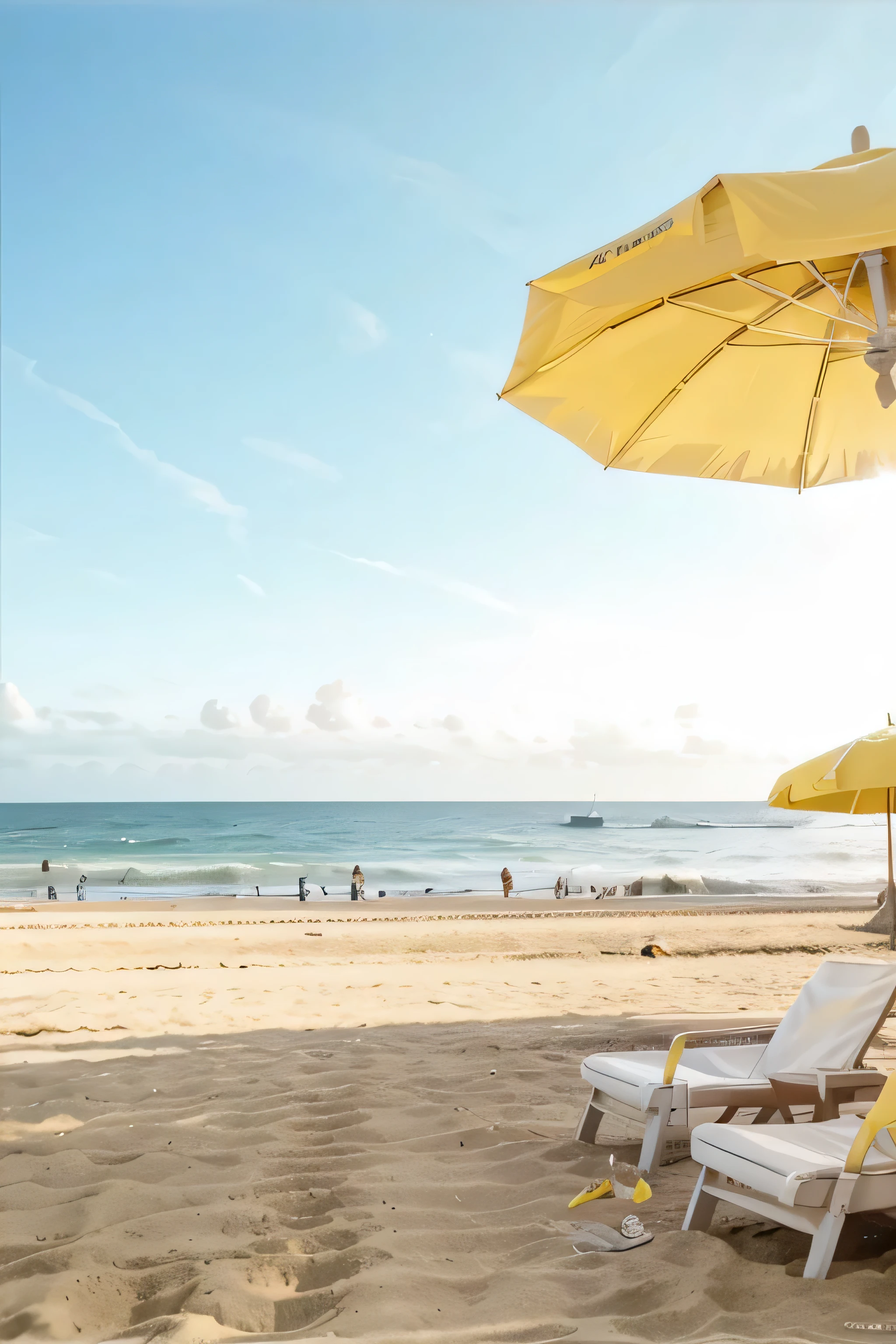  2 lined (yellow and white) umbrellas on the beach with the sky on the back, the sun shinning. Warm looking atmosphere and 16mm film look