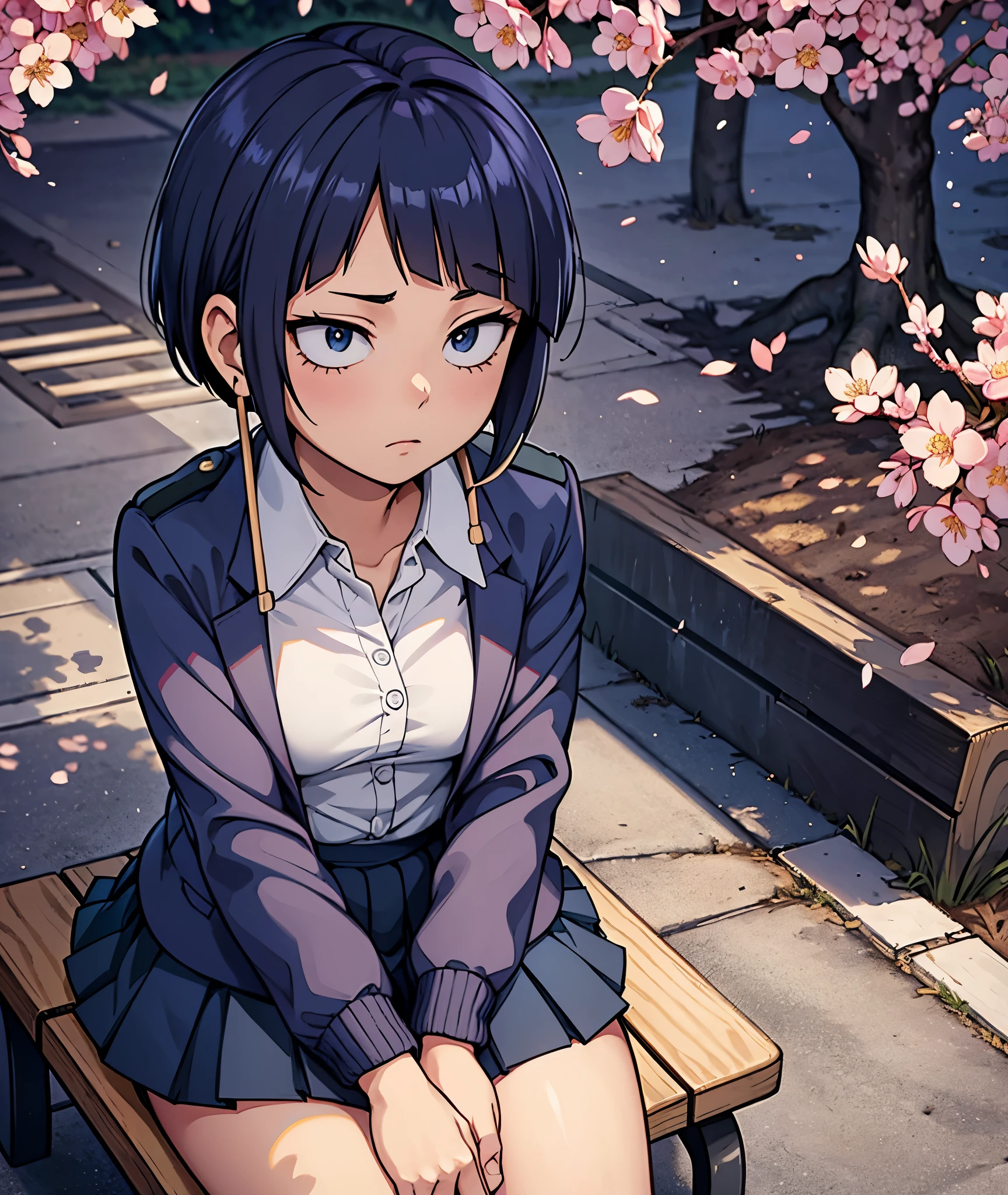 [jirou kyoka], [My Hero Academia], ((masterpiece)), ((HD)), ((high res)), ((solo portrait)), ((front view)), ((detailed shading)), ((intricate details)), {slim attractive figure, earphone jack earlobes, cute eyes, short dark-blue hair, short eyelashes, small breasts, curvy hips, beautiful legs}, {(school uniform), grey blazer, white shirt, red tie, yellow buttons, short blue skirt)}, {(expressionless)}, {(sitting on bench), (looking at viewer)}, [Background; school yard, sun rays, cherry blossom trees, sun rays through trees, ambient lighting]