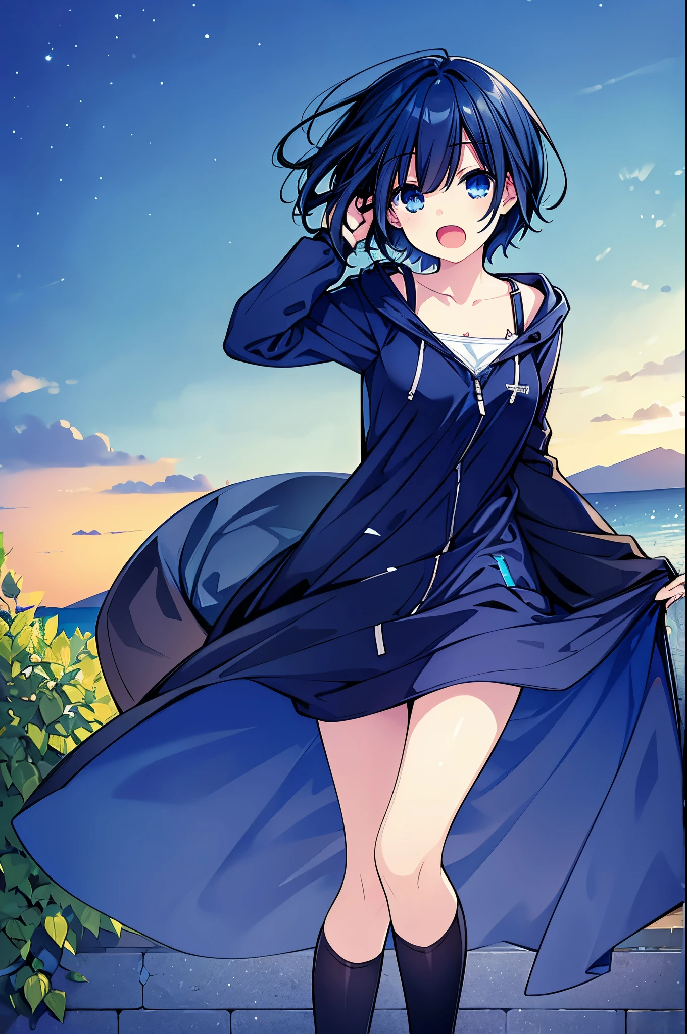 Masterpiece, best quality, 1girl, finely detailed, dark blue hair, low short hair, blue eyes, sweet, excited expression, open mouth clothes: hoodie, short and stockings, slim body, outdoors
