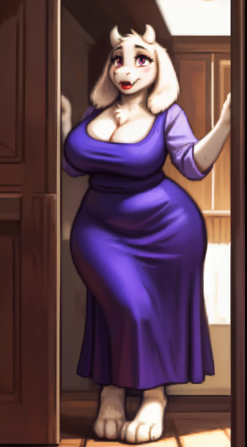 [toriel], (naked), (biggest butt), [Undertale], [Uploaded to e621.net; (Pixelsketcher), (mommy), ((beautiful body)), ((beautiful anatomy)), ((cute face)), ((bimbo lips)), (red lips), ((big ass covered by dress)), ((slightly showing thong covered by dress)), (black underwear underneath dress), (wamudraws), (woolrool)], ((masterpiece)), ((HD)), ((high quality)), ((solo portrait)), (big behind), ((butt visible)), ((feet visible)), ((furry; anthro)), ((detailed fur)), ((detailed shading)), ((beautiful render art)), ((intricate details)), beautiful, (cute),  mature, {anthro goat; white fur, white nose, (cute maroon eyes), (short eyelashes), (short horn), short fluffy tail, (big booty), (gorgeous wide hips), (thick thighs), (kenket), (showing ass), (open mouth, blush), (surprise), (frown)}, {(big , big breasts, big boobs), (dress, purple dress:1.2), (big butt), (white rune on chest)}, {(standing)), (free hands), (showing tight dress hugging ass), ((sweaty body)), ((wet body)), (looking at viewer)}, [background; (in her room), (nipple outlines under dress), (ambient lighting)], (big ass), (wide hips), ((sfw slightly showing black thong covered by dress)), (thick thighs), ((cleavage)), (perfect clothing),
