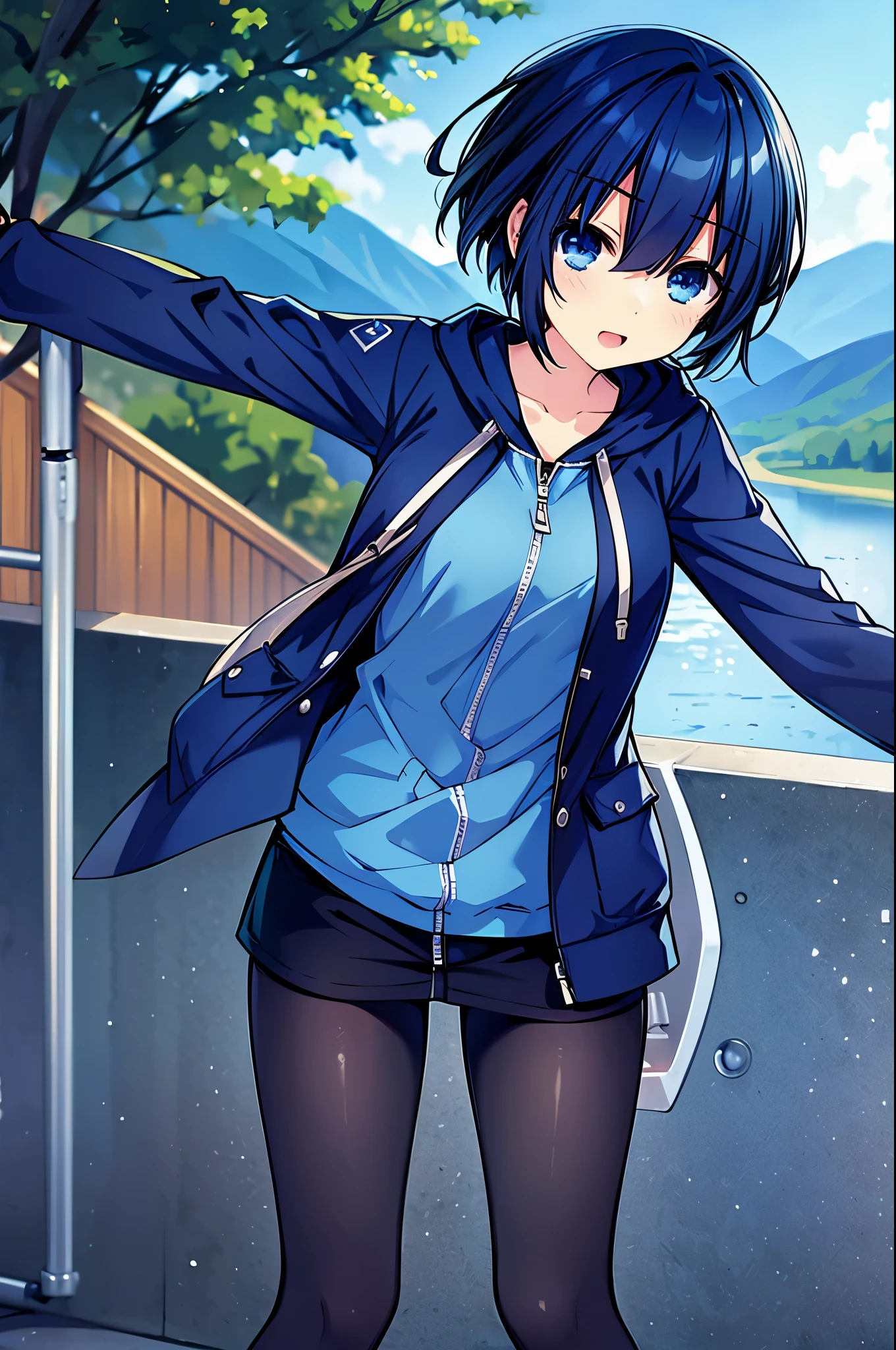Masterpiece, best quality, 1girl, finely detailed, dark blue hair, low short hair, blue eyes, sweet, excited expression, clothes: hoodie, short and stockings, slim body, outdoors