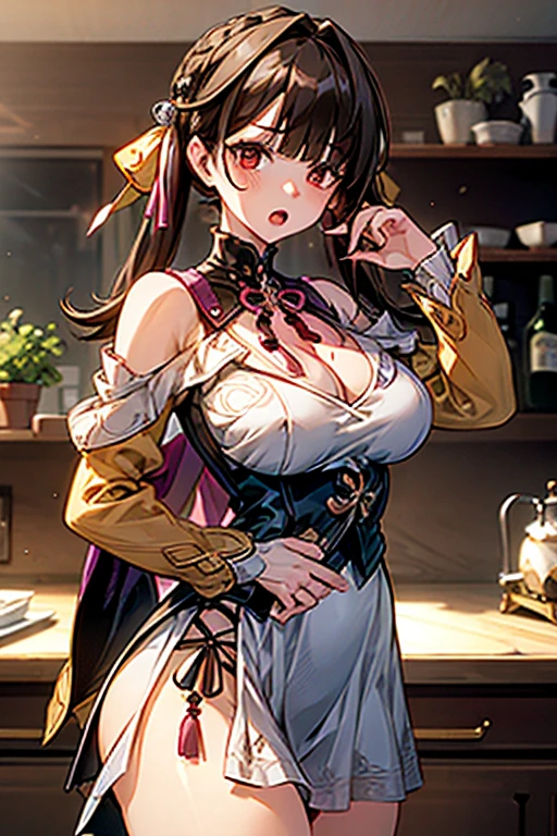 masterpiece, 1girl, Amazing Cleavage:1.3, thin waist, big ass, Raised sexy, medium breast:1.3,posed cleavage:1.2,solo, looking at viewer, open mouth, have a cup of coffee,black hair, red eyes, dress, bare shoulders, jewelry, collarbone, sidelocks, hairband, earrings, indoors, off shoulder, :o, sweater, arms behind back, plant, short hair with long locks, white hairband, off-shoulder dress, sweater dress, off-shoulder sweater, red sweater, big side hair, very long side hair,is rendered in (masterpiece: 1.2, best quality), with (ultra high resolution) and an exquisite (depth of field). This masterpiece is not only visually stunning but also tells, make of cooking some cakes ,in the kitchen