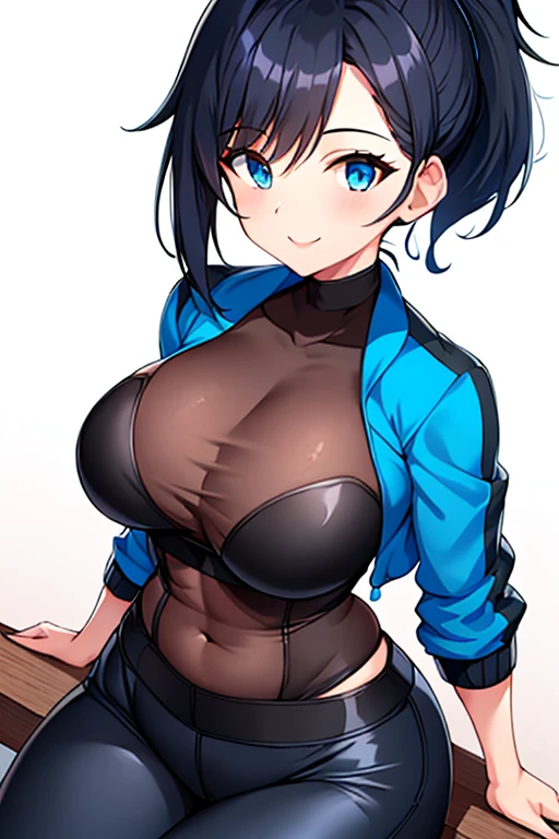 1girl, hourglass figure, mature female, milf, large breasts, ponytail, blue jacket, black hair, blue eyes, smile, black pants, short, white shirt, jacket, pants, long ponytail, large ponytail, very short hair, pixie cut