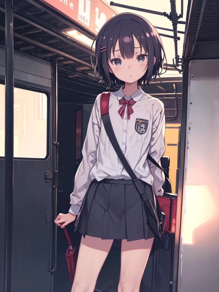 Anime girl with backpack standing in front of a train、God Quality, Anime Moe Art Style, Best Anime 8K Konachan Wallpaper, Amazing anime 8k, Perfect Anatomy, (Please draw a girl walking sleepily to school.. ),break, One girl, (alone,,,:1.3),, The charm of androgyny, (Very short hair),Messy Hair, Complete limbs, Full Finger,Flat Chest, Small Ass, between legs, Small eyes,Precise black eyes,Disgusted Eyes, Hair Clip, , School zone. break,Very detailed,High resolution,Very detailed肌, Professional Lighting,8k eye detail, (cool illustration:1.2),