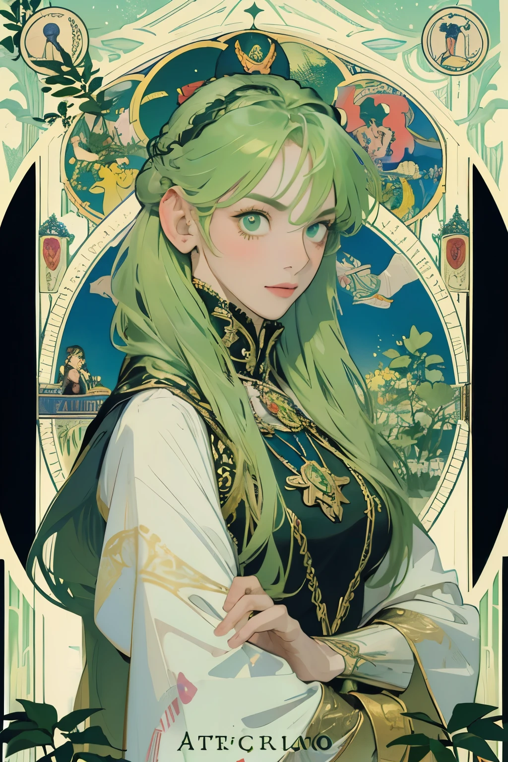 Artwork, Better Quality, woman, Tarot, Baldo, Clown, Symbolism, Visual art, Occultism, universal, Vision Casting, philosophy, Iconography, Numerology, Popularity, art, Alphonse Mucha,Green Hair