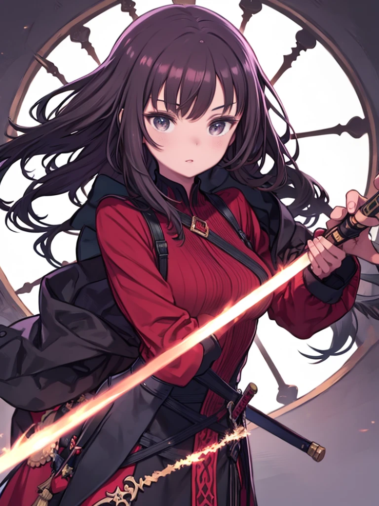 A woman dressed in red and black and holding a sword,