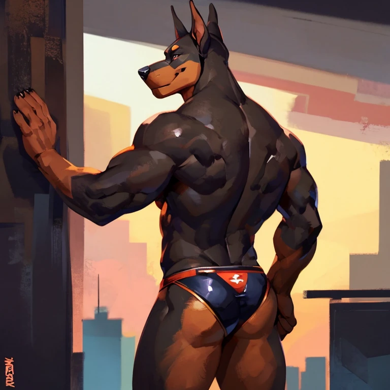 Medium muscular, dog, Dobermann, black, black Dobermann, solo, in speedo, dog tail, from back, posing, sexy, hot man, By mystikfox61