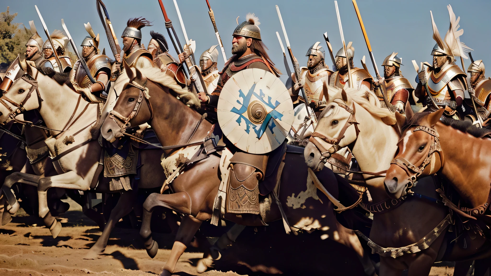 there are many men riding horses with spears and shields on them, leading spartans into battle, heavy cavalry, trojan war, distant battle of cannae 216 bce, 4 0 0 bc, 1 2 0 0 bc, feathered cavalry, cavalry charge, cavalry, 3rd century bc, in battle, alexander the great, ancient numidian cavalryman
