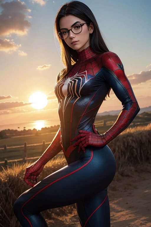obra-prima,melhor qualidade,Cinematic film still,(foto de corpo inteiro:1.5),1 ,shy expression,Oculos de sol,fashion glasses,The upper body is dressed in Spider-Man clothes,O logotipo do Homem-Aranha no peito,Cosplay do Homem-Aranha,longos cabelos dourados,Cuirass aranha cobertas,roupa do homem aranha,Corpo detalhado da silhueta da aranha com roleplay do Homem-Aranha,corpos perfeitos,On the chest is the obvious Spider-Man logo,The lower body is a JK uniform,Yoga pants for,shorter pants,saia curta,meias brancas,dynamic poses,Dynamic photos,Sem sapatos,bare feet,Jade Sword ,toeeias quebradas,No campo rural,Grande montanha,The sunset,pernas muito longas,brilhantemente,alegria,intrigante,soft soft lighting,