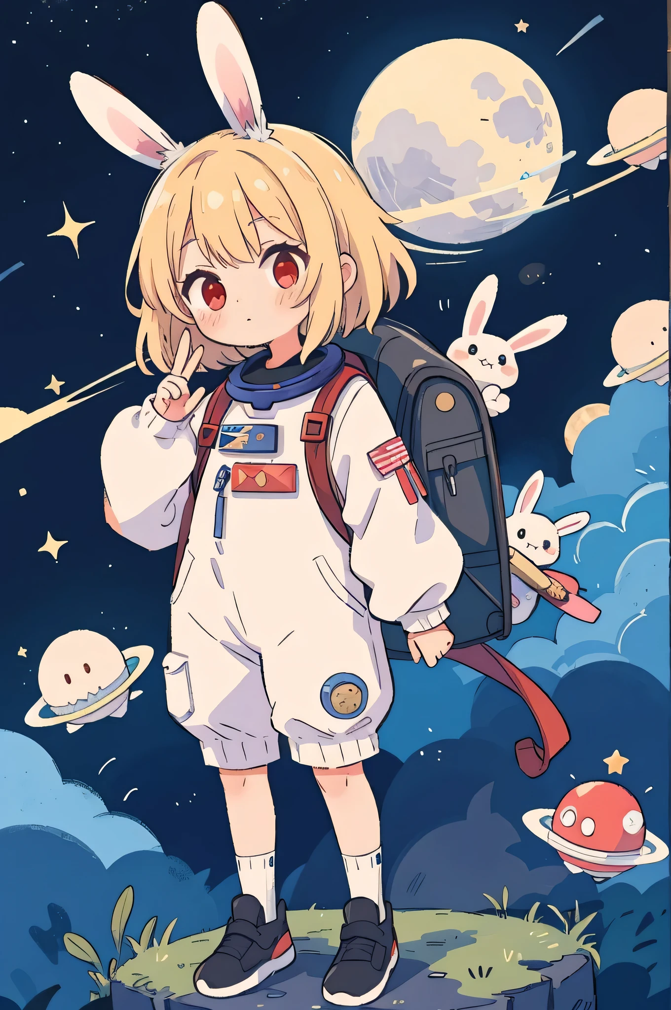 Girl, Bunny ears, Big Red Eyes, Short white hair, Space suit style clothing, white, green, red detail, Astronaut Badge, Backpack, Space style background, Big Moon, Temptation star, star, Dark night sky, green and black tones, Cute little rabbit, White hair, Red eyes, Hand-drawn illustration style