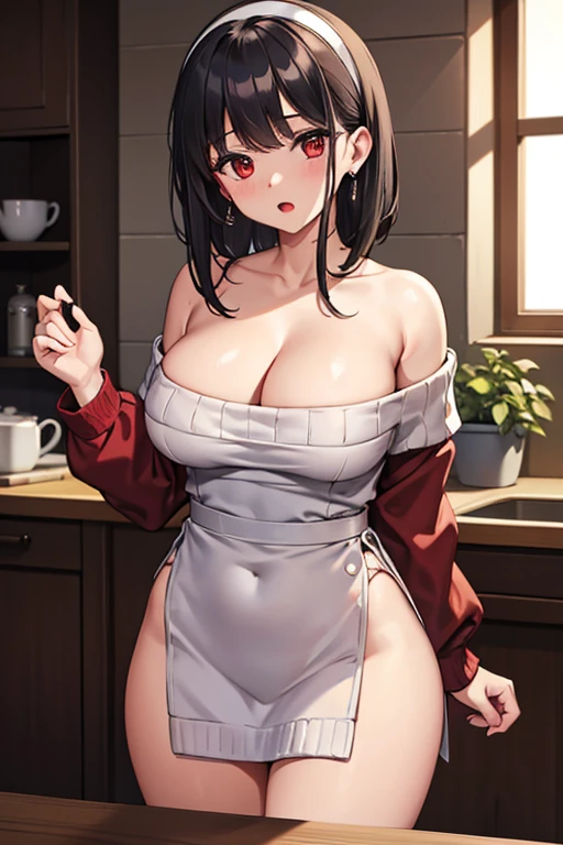 masterpiece, 1girl, Amazing Cleavage:1.3, thin waist, big ass, Raised sexy, medium breast:1.3,posed cleavage:1.2,solo, looking at viewer, open mouth, have a cup of coffee,black hair, red eyes, dress, bare shoulders, jewelry, collarbone, sidelocks, hairband, earrings, indoors, off shoulder, :o, sweater, arms behind back, plant, short hair with long locks, white hairband, off-shoulder dress, sweater dress, off-shoulder sweater, red sweater, big side hair, very long side hair,is rendered in (masterpiece: 1.2, best quality), with (ultra high resolution) and an exquisite (depth of field). This masterpiece is not only visually stunning but also tells, make of cooking some cakes ,in the kitchen
