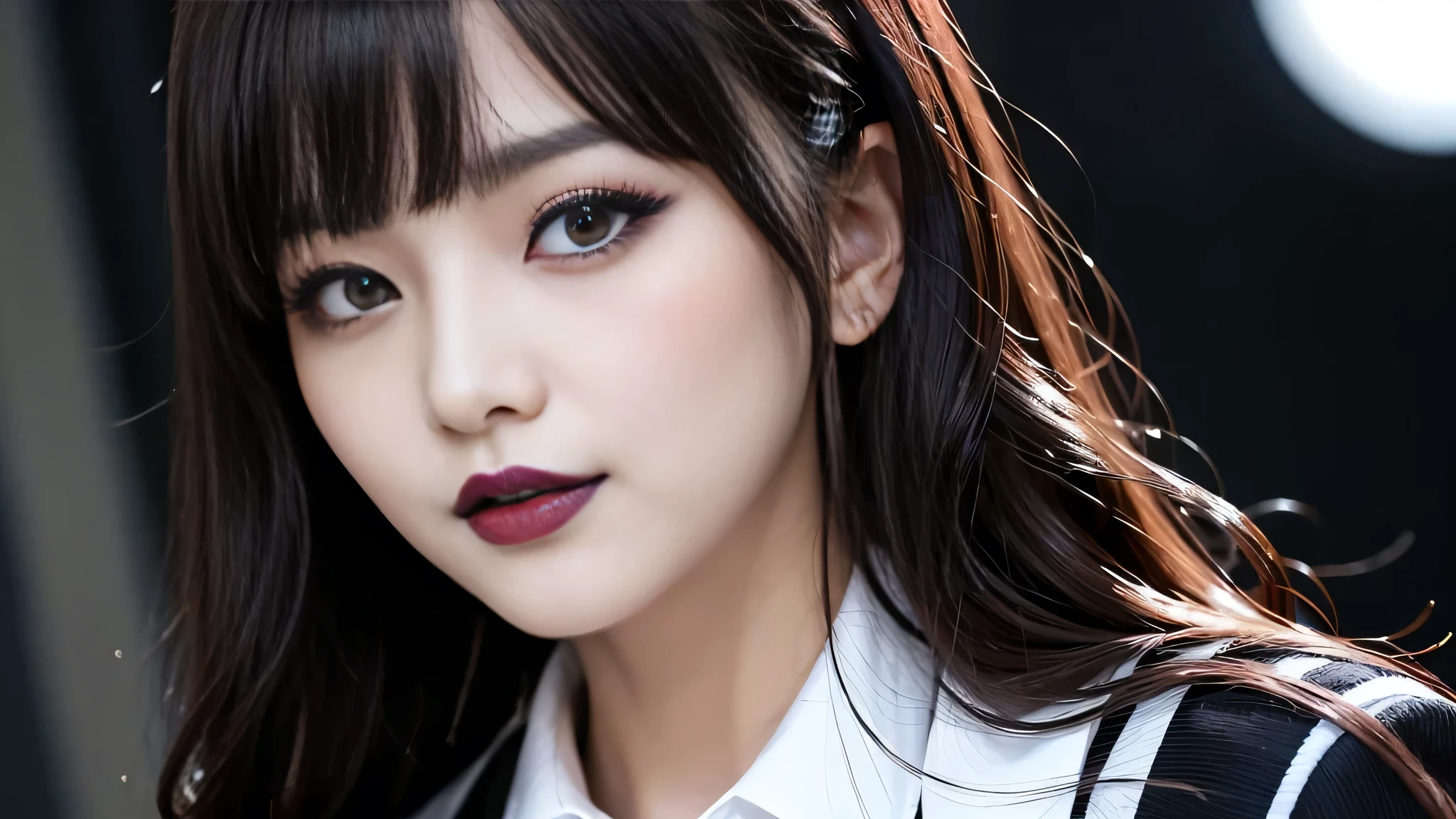 best quality、ultra-detailed、4k、Japanese、Seductive beauty、seductive adult woman、Pretty Woman、cool girl、Villainess、Brainwashed、brainwash、Fallen into evil、smirk、Evil look、Wicked Smile、evil、Brown hair、wavy hair、swept bangs、dark makeup、dark makeup、piercing eyes、hollow eyes,half-closed eyes、Hollow Eyes、purple Eyeshadow、black lipstick、black lipglos、student、blazer、White Shirt、Black Ribbon、flare skirt、night、inside school、Have lipstick、Emblem of Evil、Crest of Darkness、Swear allegiance、I have pledged my allegiance、Dye black、Blackening、Stained with evil、Dyed in darkness、Seduce