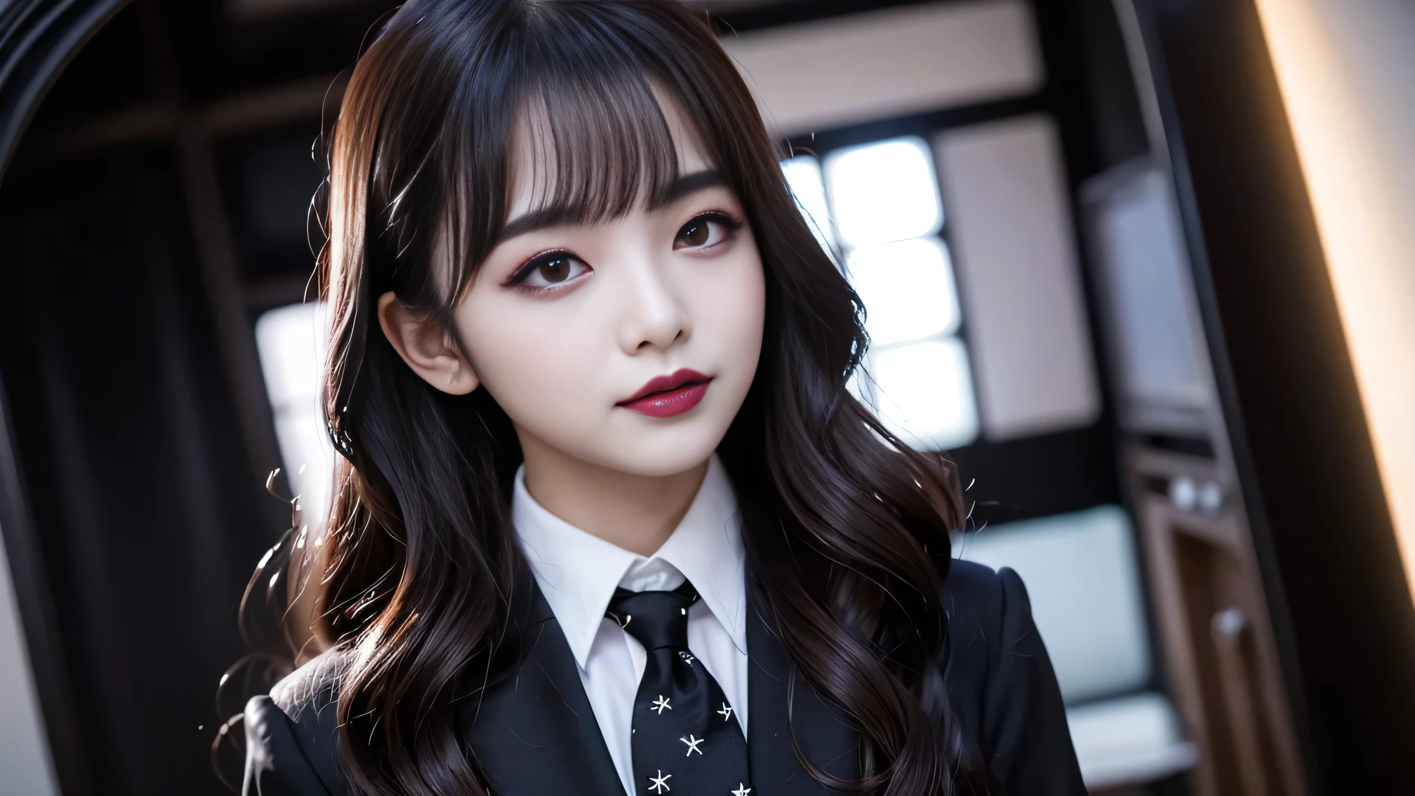 best quality、ultra-detailed、4k、Japanese、Seductive beauty、seductive adult woman、Pretty Woman、cool girl、Villainess、Brainwashed、brainwash、Fallen into evil、smirk、Evil look、Wicked Smile、evil、Brown hair、wavy hair、swept bangs、dark makeup、dark makeup、piercing eyes、hollow eyes,half-closed eyes、Hollow Eyes、purple Eyeshadow、black lipstick、black lipglos、student、blazer、White Shirt、Black Ribbon、flare skirt、night、inside school、Have lipstick、Emblem of Evil、Crest of Darkness、Swear allegiance、I have pledged my allegiance、Dye black、Blackening、Stained with evil、Dyed in darkness、Seduce