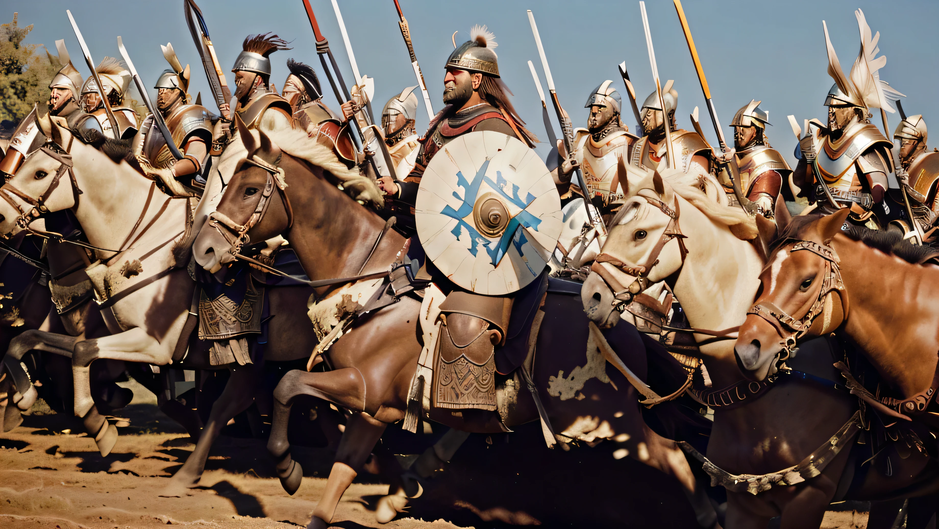 there are many men riding horses with spears and shields on them, leading spartans into battle, heavy cavalry, trojan war, distant battle of cannae 216 bce, 4 0 0 bc, 1 2 0 0 bc, feathered cavalry, cavalry charge, cavalry, 3rd century bc, in battle, alexander the great, ancient numidian cavalryman