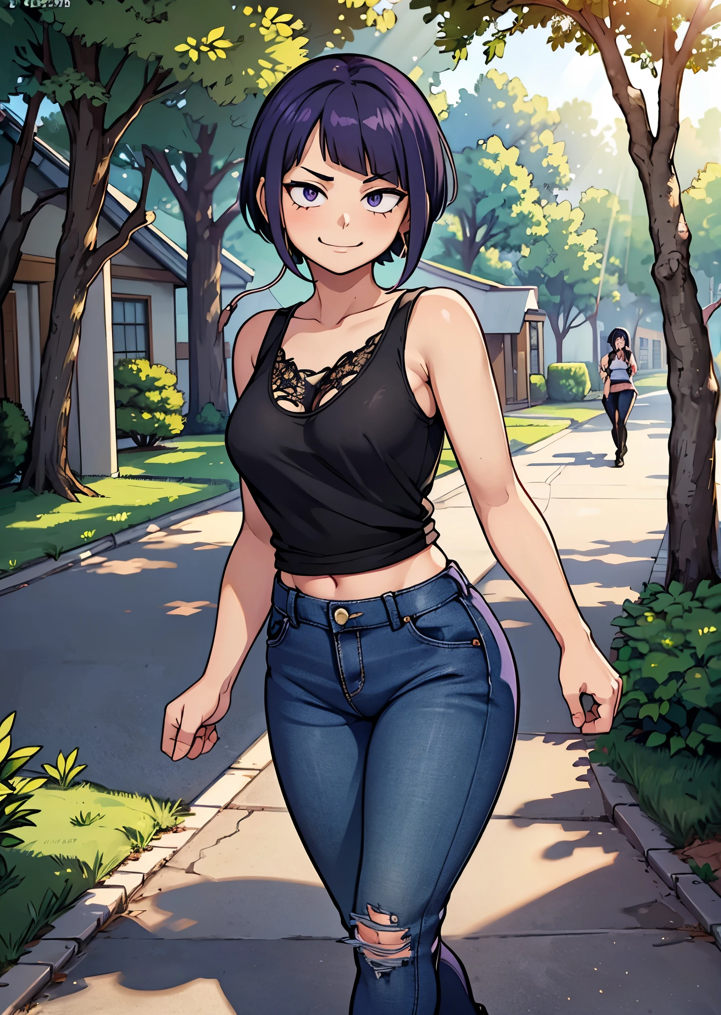 [jirou kyoka], [My Hero Academia], ((masterpiece)), ((HD)), ((high res)), ((solo portrait)), ((front view)), ((detailed shading)), ((intricate details)), {slim attractive figure, earphone jack earlobes, cute eyes, short dark-blue hair, short eyelashes, small breasts, curvy hips, beautiful legs}, {(purple tank top, ripped black jeans, black platform boots}, {(cute smirk)}, {(walking), (looking at viewer)}, [Background; park, sun rays, trees, sun rays through trees, ambient lighting]