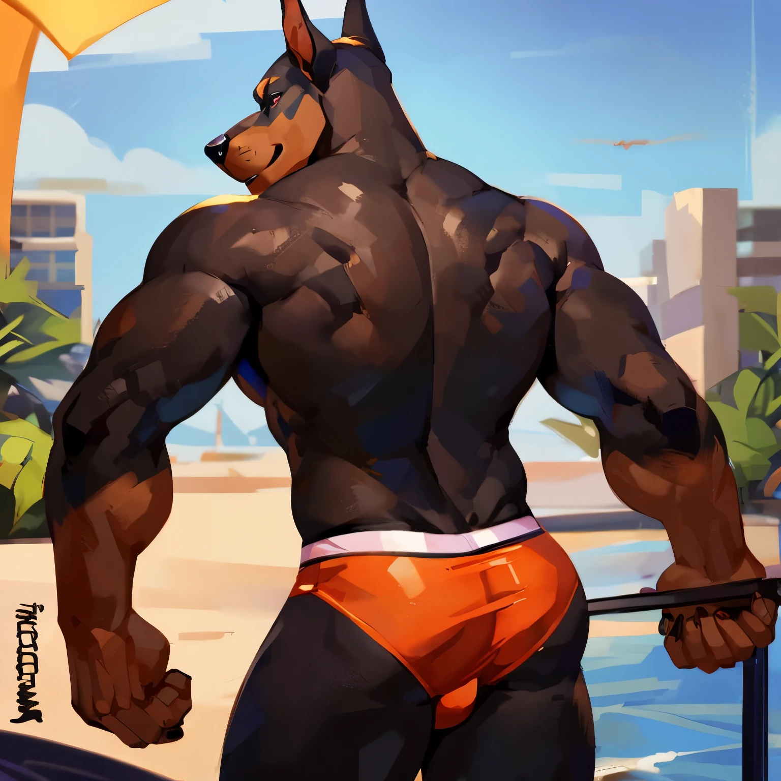Medium muscular, dog, Dobermann, black, black Dobermann, solo, in speedo, with tail, dog tail, from back, posing, sexy, hot man, By mystikfox61