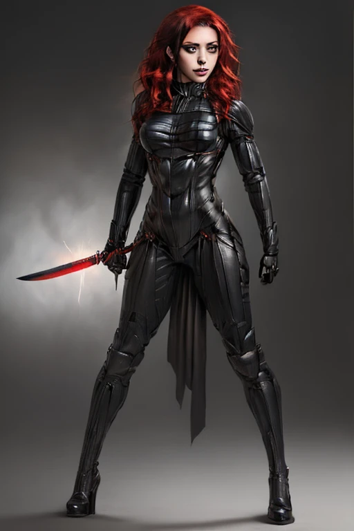 bokatan woman holding a sword with omitting lightening from the blade red hair, black hair, multicolored hair
