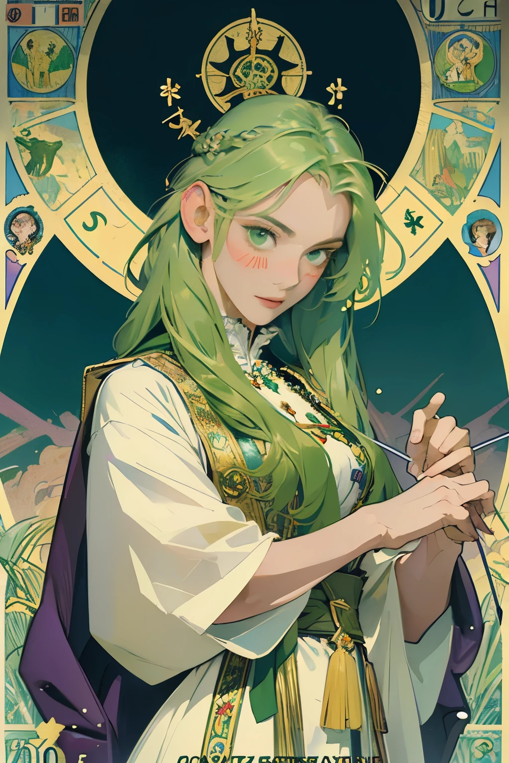 Artwork, Better Quality, woman, Tarot, Baldo, Clown, Symbolism, Visual art, Occultism, universal, Vision Casting, philosophy, Iconography, Numerology, Popularity, art, Alphonse Mucha,Green Hair