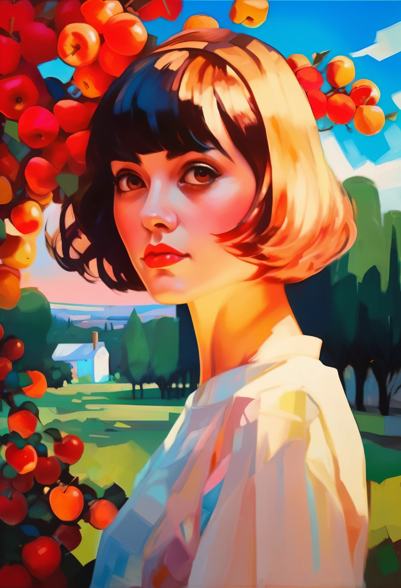 [[(front full body strong portrait:1girl ((solo)) with big eyes and a short hair bob) ((Ilya-Kuvshinov style)),comic art [((dress Marc Chagall style)])):20]/[background:landscape [[white] birch [beauty] apples],
 Renaissance+Baroque, old canva, (scarlet sunset), ((style Hieronymus-Bosch))]/[very colorful,((oil painting palette knife))((masterpiece))]]