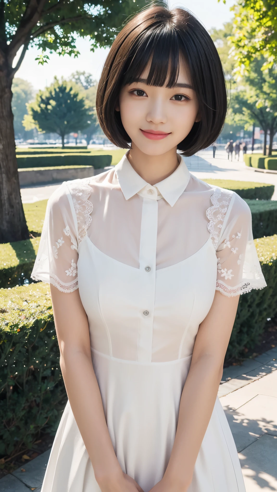 (Ultra high definition)(masterpiece)(Textured skin)(Very detailed)(high quality)(最high quality)(First Person View)(16k ),woman,(upper shot),White dress shirt,smile,blunt bangs bobcut,In the park,Black Hair,Model-like beauty