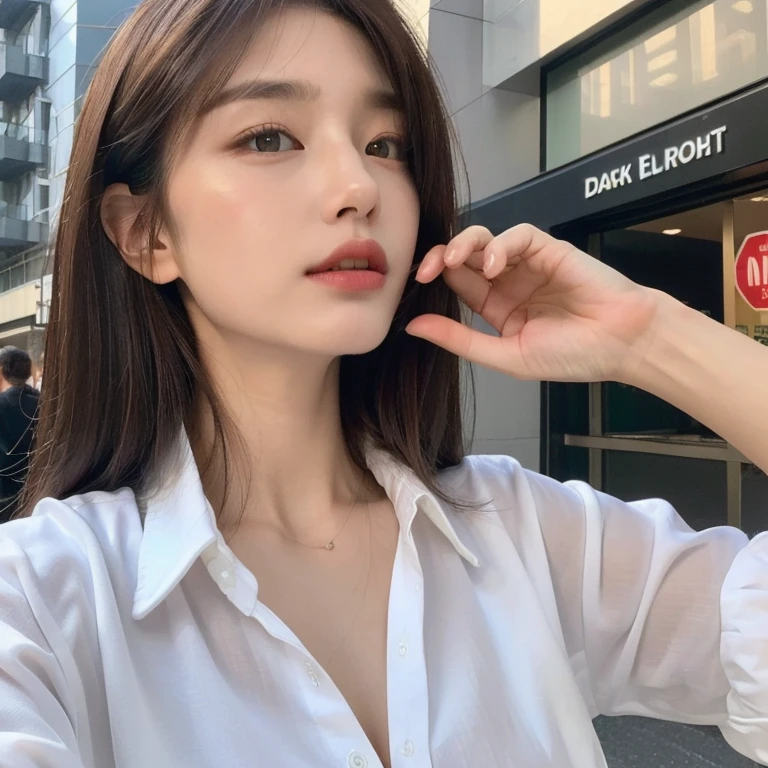 ((best quality, 8K, masterpiece :1.3)), sharp focus :1.2, beautiful woman，Perfect body :1.4, slim abs :1.2, ((Dark brown hair, big breasts :1.2)), (White button-down long shirt :1.1), city street:1.2, Highly detailed facial and skin textures, delicate eyes, double eyelids