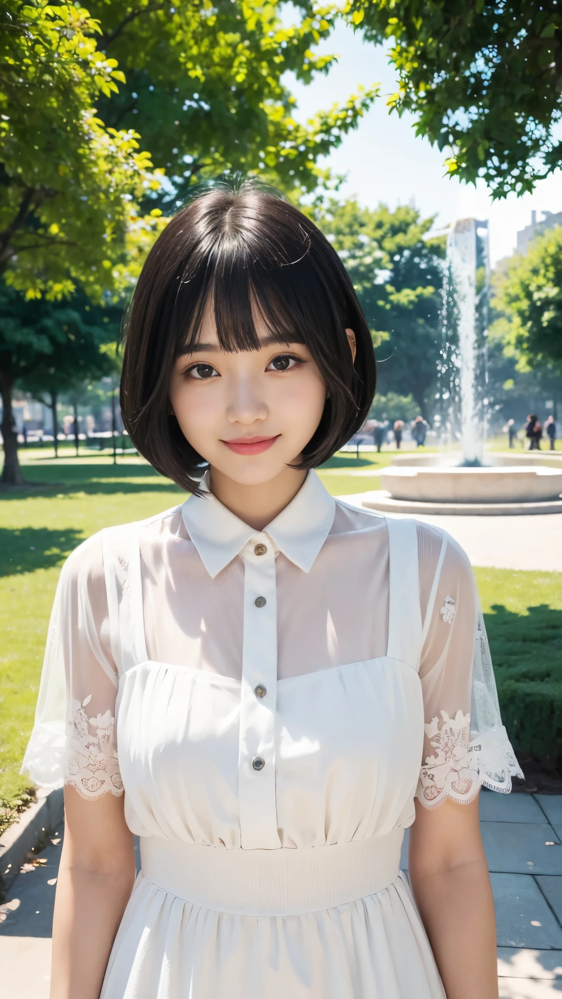 (Ultra high definition)(masterpiece)(Textured skin)(Very detailed)(high quality)(最high quality)(First Person View)(16k ),woman,(upper shot),White dress shirt,smile,blunt bangs bobcut,In the park,Black Hair,Model-like beauty