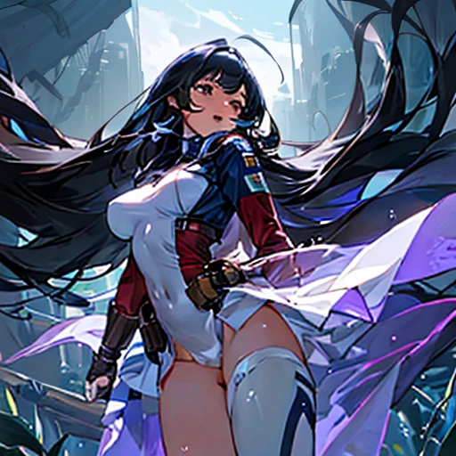 1female，35yo，Huge breasts， solo， captain america，Wearing a red transparent military uniform， Pornographic exposure，ln the forest，  She has long flowing black hair， Bare genitalia，Sateen，Bigchest， From the front side， Wet straight hair， Sweating profusely，mostly cloudy sky，（tmasterpiece），（Very detailed CG unity 8K wallpaper），best qualtiy，cinmatic lighting，detailed back ground，beatiful detailed eyes，Bright pupils，（Very fine and beautiful），（Beautiful and detailed eye description），ultra - detailed，facing at camera，A high resolution，ultra - detailed），Very long hair，standing on your feet，Emotive expressions，Open-mouthed，Chest sagging，nakeness， Expose the genitals，revealing breasts，Camel toes，with no underpants，extremely large bosom，Extremely colorful，Most detailed，fully body photo，The face is well lit