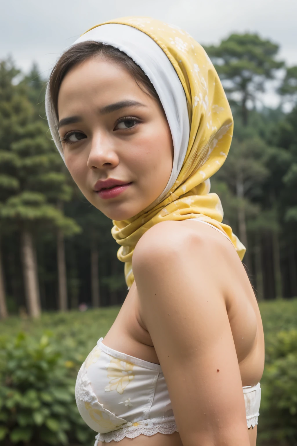 ((thick lips:1.7)), Lace, (Happy smile), (((HIJAB MALAY GIRL))), masutepiece, High quality, UHD 32K, Realistic face, Realistic skin feeling , A Japanese Lady, 8 years old, , Very cute and baby-like face, (((FLAT CHEST))), (Night time at forest), ((look In front  at the camera and SADNESS)), (((FLUORESCENCE))), (((CUTE GIRL))), ((WHITE & YELLOW LIPS)), ((Floral Pattern)) little wearing strapless bra, strapless colorful bra, dark night horror scary place (from behind up) seductive pose