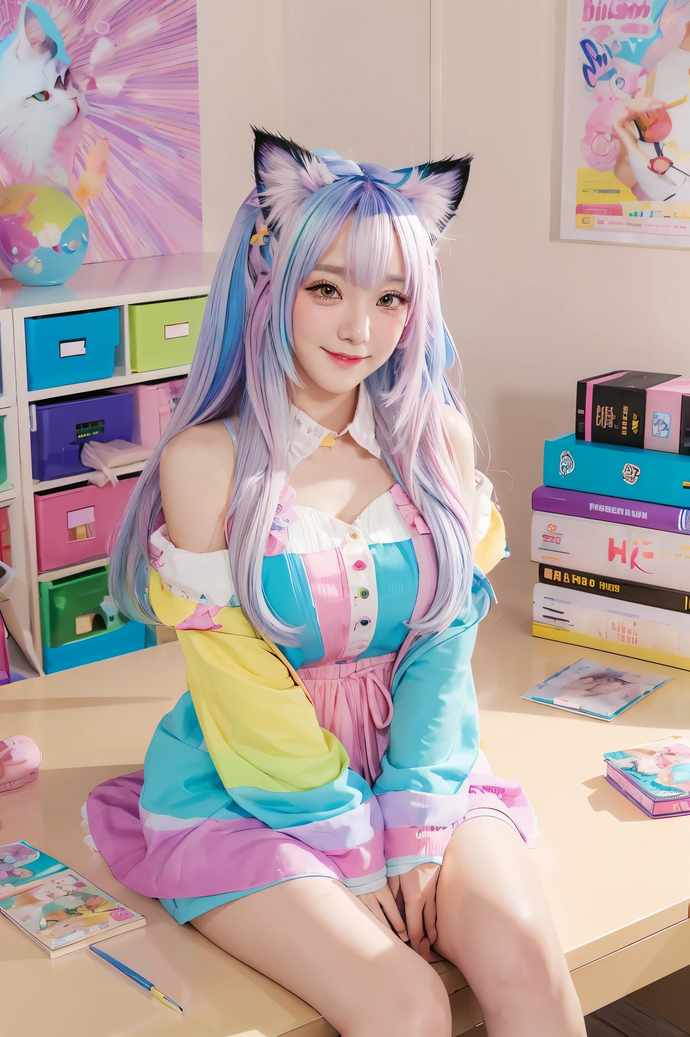 Colorful hair and colorful dress in anime ((cat-eared 1girl)),   pastel vivid, rossdraws cartoon vivid, anime style 4k, beautiful anime portrait, artgerm colorful!!!、! dream art germ, beautiful anime, cat ear 1girl, anime style digital art, anime art wallpaper 4k, anime art wallpaper 4k, digital anime art, highly detailed art germ, ,  full body, sitting in her office, white hair, front view, smirking,