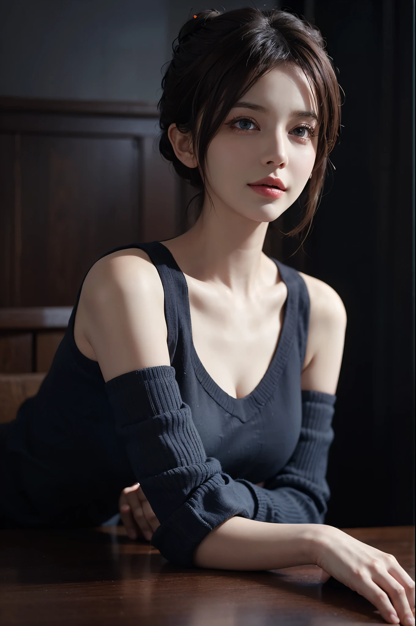 Fantasy art, photorealism, dynamic lighting, artstation, poster, volumetric lighting, very detailed faces, (official uniform: 1.4), long hair, sweater, delicate collarbone, bare shoulders, full breasts, smirk, blue eyes,bun hair, hair bun, indian
