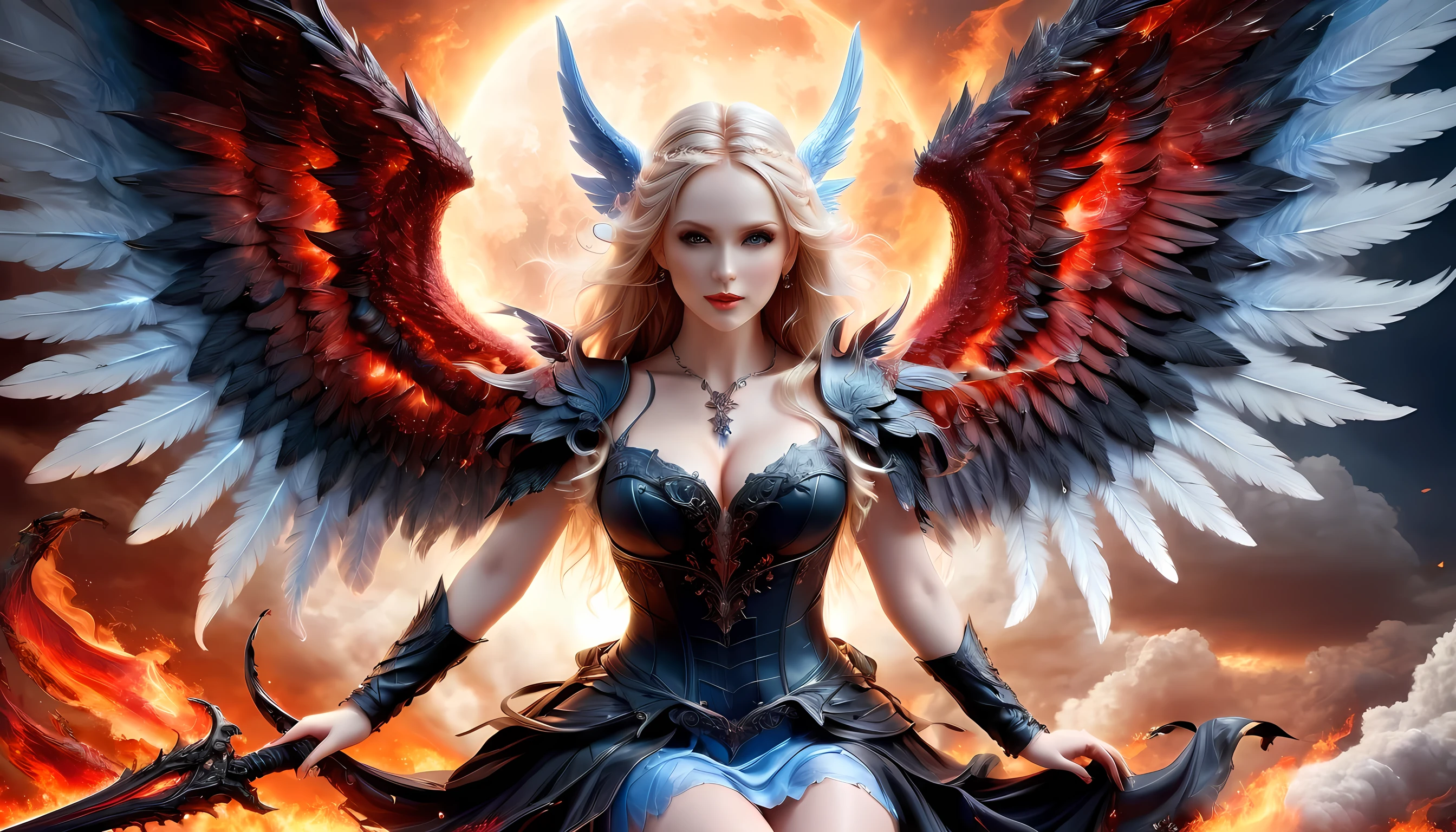 fantasy art, RPG art, a picture of 2 women, a female angel (Masterpiece, intricate details: 1.5), wearing dress, pale skin, best details beautiful face (Masterpiece, intricate details: 1.3 ), blond hair, long hair wavy hair (Masterpiece, intricate details: 1.3), blue eyes, high heeled boots, wearing a dress (Masterpiece, intricate details: 1.3), large feathered wings, white angel_wings spread AND a female demon (Masterpiece, intricate details: 1.5), demon, red skin (Masterpiece, intricate details: 1.3), black flame wings spread, demonic horns (Masterpiece: 1.3), red skin (Masterpiece: 1.3), black hair, red eyes, best details beautiful face (Masterpiece, intricate details: 1.2), wearing a dress (Masterpiece, intricate details: 1.3), black high heels, in the border between heaven and hell, moon, stars, clouds, god rays, soft natural light silhouette, dynamic angle, photorealism, panoramic view (Masterpiece 1.3, intense details) , Wide-Angle, Ultra-Wide, faize