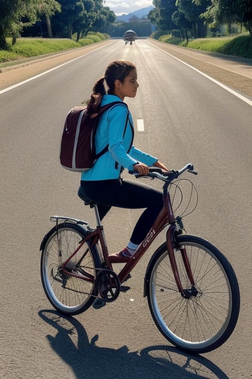 ((mais alta qualidade)), ((obra de arte)), (estar familiarizado com), (High definition), 8k, melhor sombra, The best natural lighting, Cinematic, A high school student riding to school on a road bike、((Vista traseira riding away on a bicycle))、(Medium brown hair)、blazer marinho、Saia azul marinho levemente longa、(meias brancas)、((vista traseira))、fotografia secreta、((Veja diretamente abaixo))、Amplie o selim da bicicleta、Manga panel layout、manga style、manga design、Morning、oblique back view