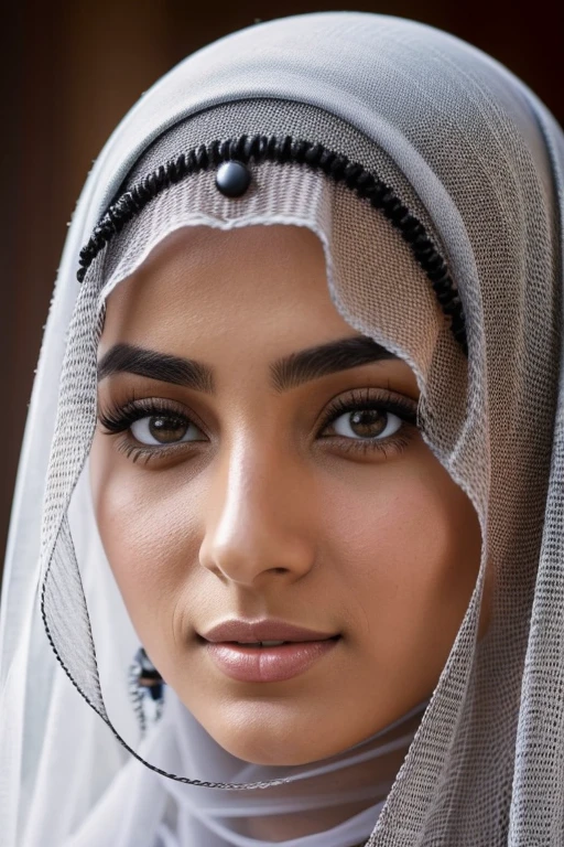 A portrait image of a twenty-year-old Arab girl covers her hair with a transparent veil, parte do cabelo aparece na testa , your eyes are brown and very beautiful , com uma maquiagem leve , pele verdadeira , perfect lighting image , sem esporos no rosto , detailed eyebrows and eyelashes