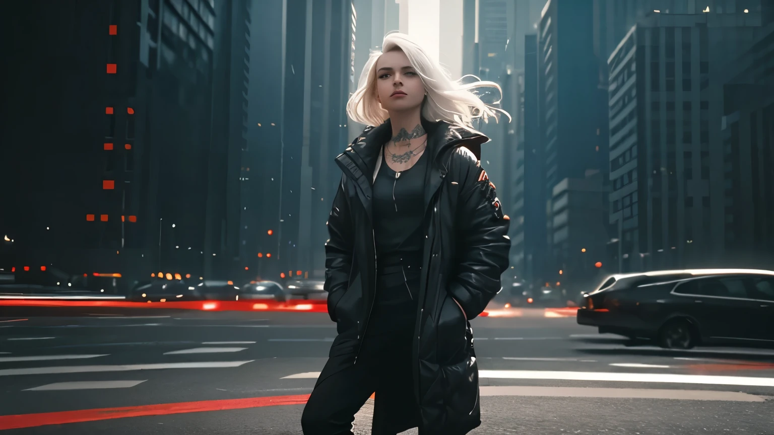 Full body portrait of tatooed Triss Merigold with white hair in cyberpunk universe, ultra realistic, cinematic image, no bad hands, no bad limbs, no bad eyes, no bad face, dramatic lighting, vivid colors, high saturation, high contrast.