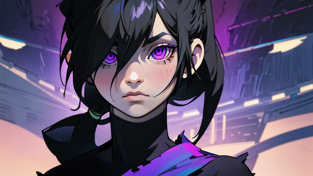 White girl, dark black hair color, very long flowing pony tail hair, bangs in face, purple eye color, small eyes, round eye shape, eyeliner, realistic face shape. black shirt, portrait, wearing a black hood, cyberpunk, city background, Depth of Field. looking at camera, dreamy look detailed eyes, detailed face, detailed skin, Ultra Detailed, Beautiful and Aesthetic, Masterpiece, Best Quality, shoulders showing. round chin shape. showing full upper body and face. alot of flairs in background, zoomed out, black and white. glowing, goddess