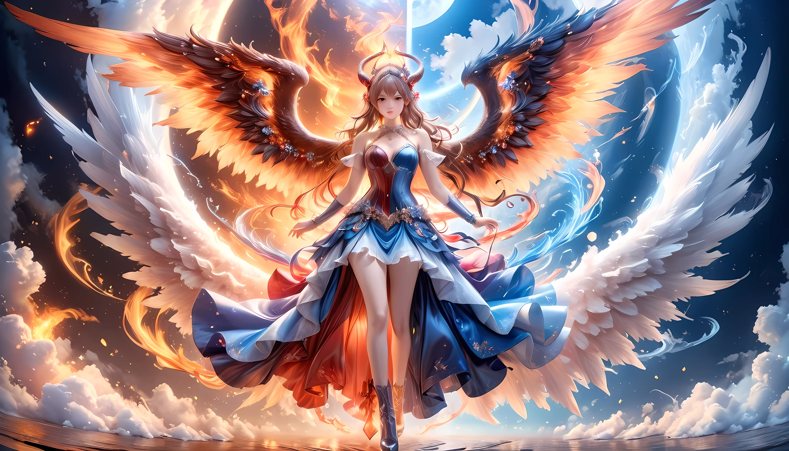 fantasy art, RPG art, a picture of 2 women, a female angel (Masterpiece, intricate details: 1.5), wearing dress, pale skin, best details beautiful face (Masterpiece, intricate details: 1.3 ), blond hair, long hair wavy hair (Masterpiece, intricate details: 1.3), blue eyes, high heeled boots, wearing a dress (Masterpiece, intricate details: 1.3), large feathered wings, white angel_wings spread AND a female demon (Masterpiece, intricate details: 1.5), demon, red skin (Masterpiece, intricate details: 1.3), black flame wings spread, demonic horns (Masterpiece: 1.3), red skin (Masterpiece: 1.3), black hair, red eyes, best details beautiful face (Masterpiece, intricate details: 1.2), wearing a dress (Masterpiece, intricate details: 1.3), black high heels, in the border between heaven and hell, moon, stars, clouds, god rays, soft natural light silhouette, dynamic angle, photorealism, panoramic view (Masterpiece 1.3, intense details) , Wide-Angle, Ultra-Wide, faize