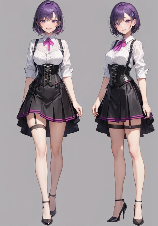 Purple hair,Short hair,Adult female,Bartender,((Body harness)),((Rolling up your sleeves shirt)),(Corset),(Tight skirt),Garter belt,High heels,((Simple background)),Smile,((Full body)),((whole body)),Character Sheet,