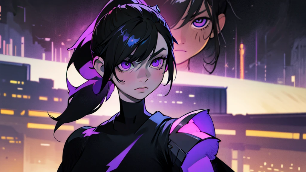 White girl, dark black hair color, very long flowing pony tail hair, bangs in face, purple eye color, small eyes, round eye shape, eyeliner, realistic face shape. black shirt, portrait, wearing a black hood, cyberpunk, city background, Depth of Field. looking at camera, dreamy look detailed eyes, detailed face, detailed skin, Ultra Detailed, Beautiful and Aesthetic, Masterpiece, Best Quality, shoulders showing. round chin shape. showing full upper body and face. alot of flairs in background, zoomed out, black and white. glowing, goddess