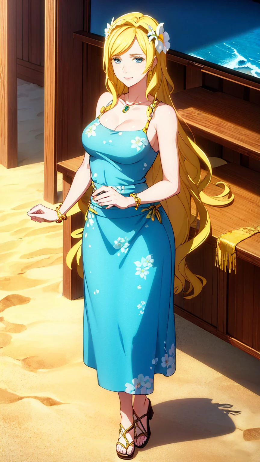 (masterpiece, Best quality, a high resolution, ultra detailed), (beautiful and aesthetically pleasing: 1.2), 1 woman, adult woman, blonde with long hair, Blue eyes, gentle face, (slight smile: 0.8), detailed eyes and face, perfect body, Full length figure, beautiful make-up, beautiful hula skirt, Hawaiian skirt, Hawaiian style, Hawaiian shirt, sandals, flowers, woven into hair, flower beads for neck, beach, Hawaii, golden hour, sea , sand, holiday on the beach