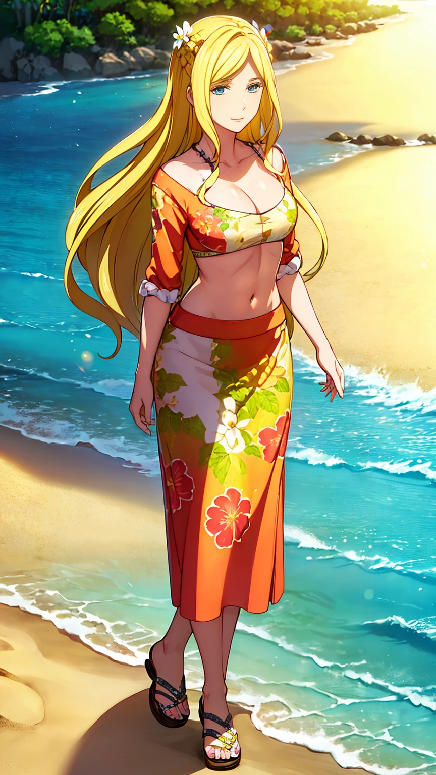 (masterpiece, Best quality, a high resolution, ultra detailed), (beautiful and aesthetically pleasing: 1.2), 1 woman, adult woman, blonde with long hair, Blue eyes, gentle face, (slight smile: 0.8), detailed eyes and face, perfect body, Full length figure, beautiful make-up, beautiful hula skirt, Hawaiian skirt, Hawaiian style, Hawaiian shirt, sandals, flowers, woven into hair, flower beads for neck, beach, Hawaii, golden hour, sea , sand, holiday on the beach