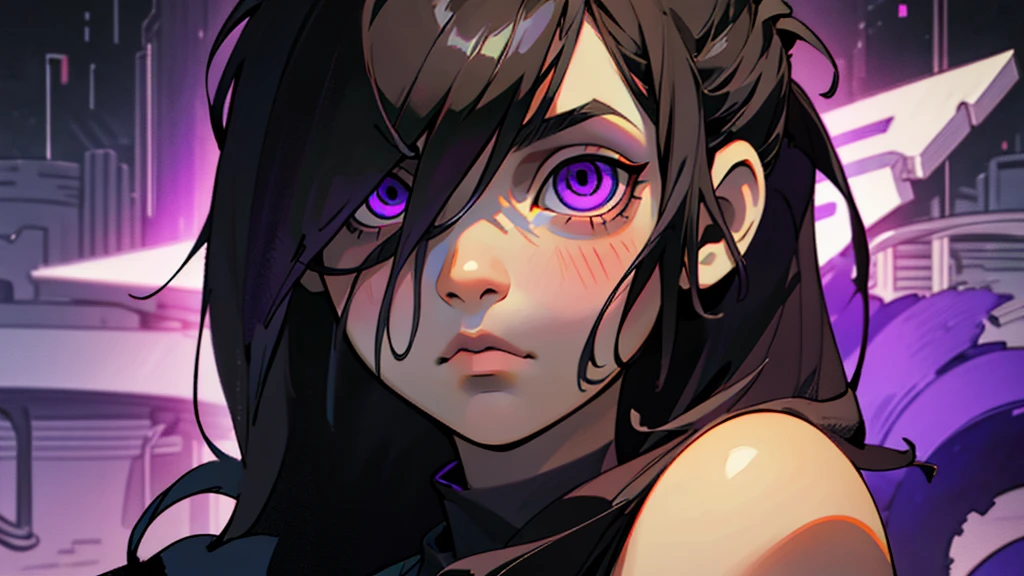 White girl, dark black hair color, very long flowing hair, bangs in face, purple eye color, small eyes, round eye shape, eyeliner, realistic face shape. black shirt, portrait, wearing a black hood, cyberpunk, city background, Depth of Field. looking at camera, dreamy look detailed eyes, detailed face, detailed skin, Ultra Detailed, Beautiful and Aesthetic, Masterpiece, Best Quality, shoulders showing. round chin shape. showing full upper body and face. alot of flairs in background, zoomed out, black and white. glowing, goddess