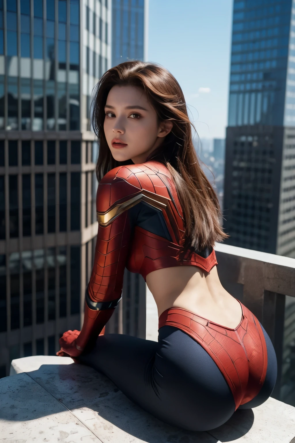 Mulher Tom holland fantasiada de homem aranha(MARVEL), sitting on the edge of a tall building with his back looking at the camera showing his butt with his spine tilted forward to highlight his butt in a sensual way, bunda grande, Tom Holland female version