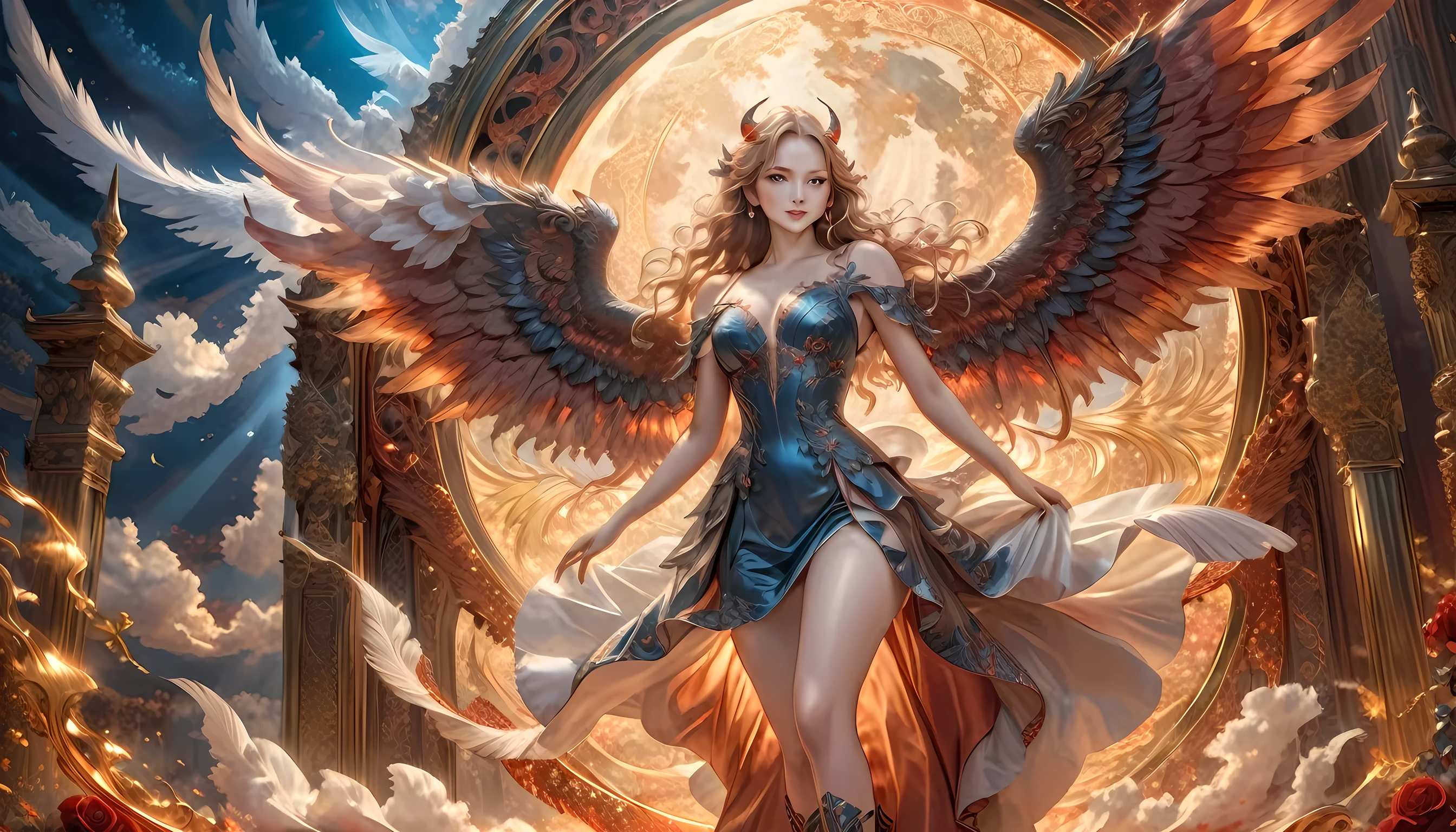 fantasy art, RPG art, a picture of (2 women: 1.6), a female angel (Masterpiece, intricate details: 1.5), wearing dress, pale skin, best details beautiful face (Masterpiece, intricate details: 1.3 ), blond hair, long hair wavy hair (Masterpiece, intricate details: 1.3), blue eyes, high heeled boots, wearing a dress (Masterpiece, intricate details: 1.3), large feathered wings, white angel_wings spread AND a female demon (Masterpiece, intricate details: 1.5), demon, red skin (Masterpiece, intricate details: 1.3), black flame wings spread, demonic horns (Masterpiece: 1.3), red skin (Masterpiece: 1.3), black hair, red eyes, best details beautiful face (Masterpiece, intricate details: 1.2), wearing a dress (Masterpiece, intricate details: 1.3), black high heels, in the border between heaven and hell, moon, stars, clouds, god rays, soft natural light silhouette, dynamic angle, photorealism, panoramic view (Masterpiece 1.3, intense details) , Wide-Angle, Ultra-Wide, faize