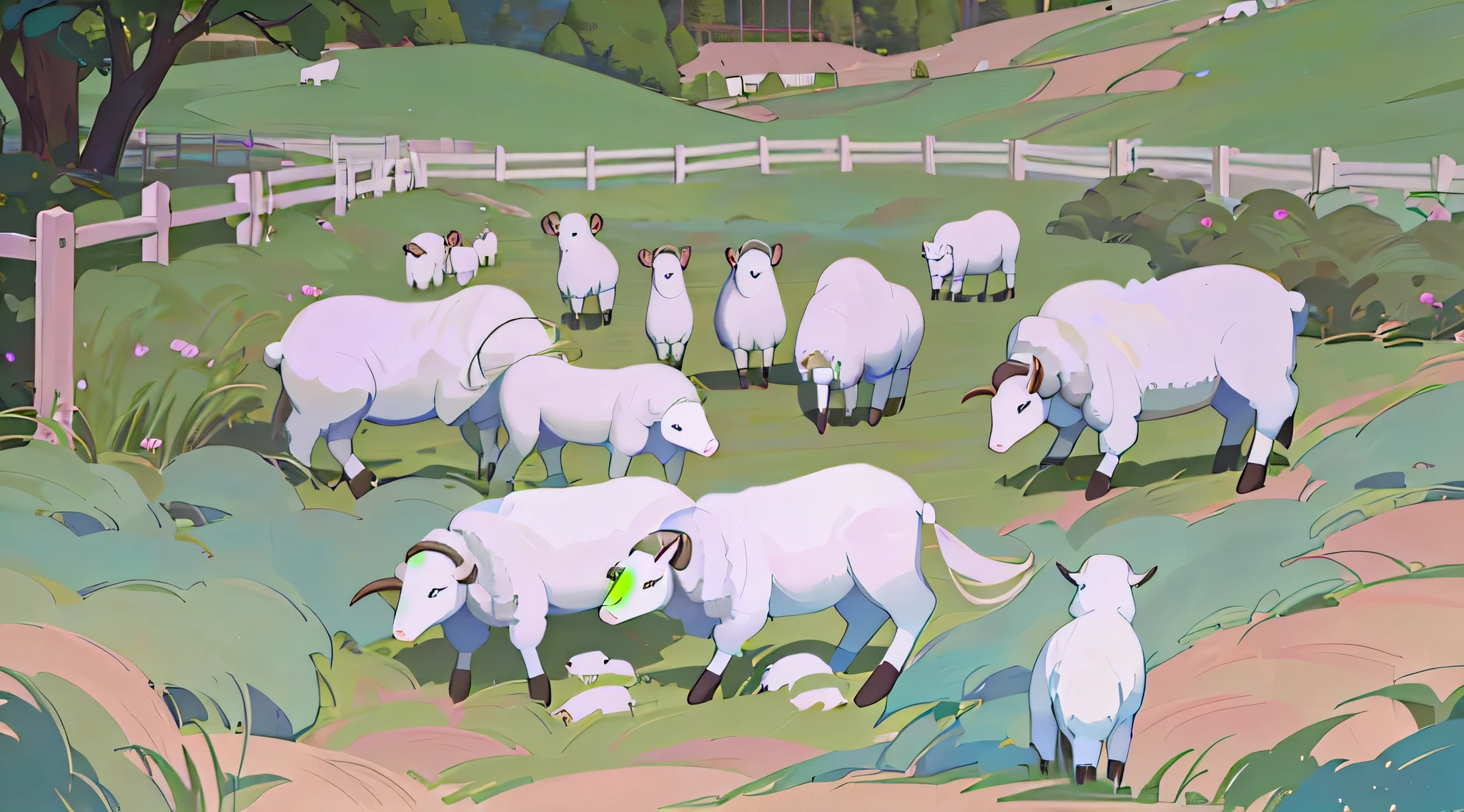 A colorful drawing of sheep in a circular fenced area, with a low wooden fence and a gray stone in the center of the enclosure. The white sheep are grazing, inspired by Kyffin Williams, David Inshaw, Grant Wood, Stanley Spencer, and Milton Avery. The tempera on wood was hand-drawn with colored pencils, inspired by George Stubbs, Jessie Newbery, and Dora Carrington.