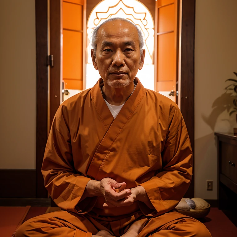 Zenji Hiroshi , a Buddhism zen master wearing orange Buddhism clothes