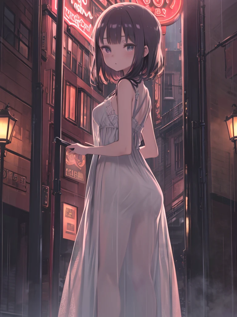 masterpiece、highest quality、High resolution、Very detailed、Medium wide shot、Girl、(highest quality, 8k, lace maxi dress, Standing in the rain, Red Light District, Very detailed顔と肌の質感, Fine grain, double eyelid.)